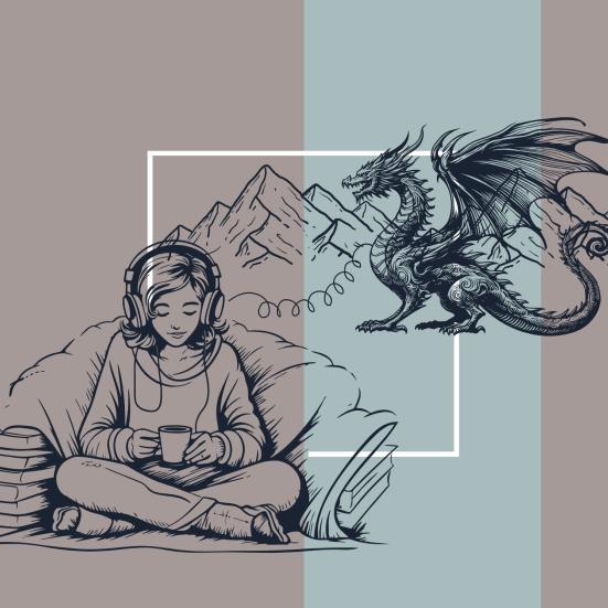 pige, der lytter lydbog, og en ledning, der leder fra hørebøfferne til en stor drage