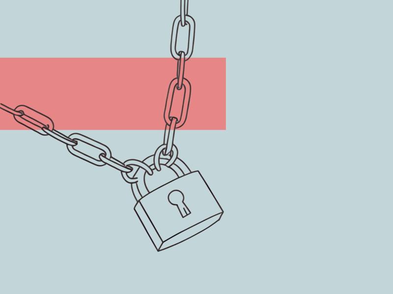 streggrafik, tegning af kæder samlet med hængelås på lyseblå baggrund 